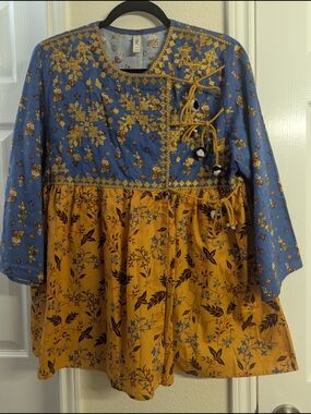 Embroidered Two-Tone Girls Top in Blue and Mustard